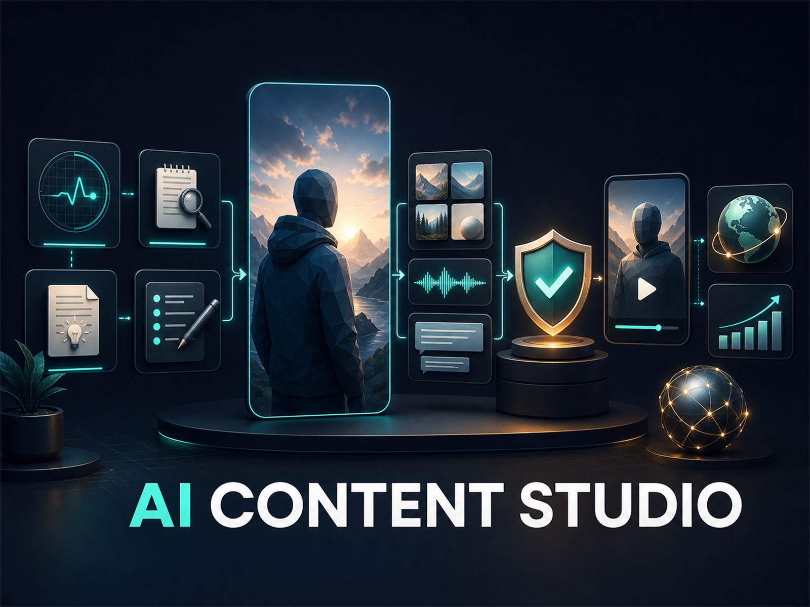 AI Content Studio workflow from topic research through video review and growth insights